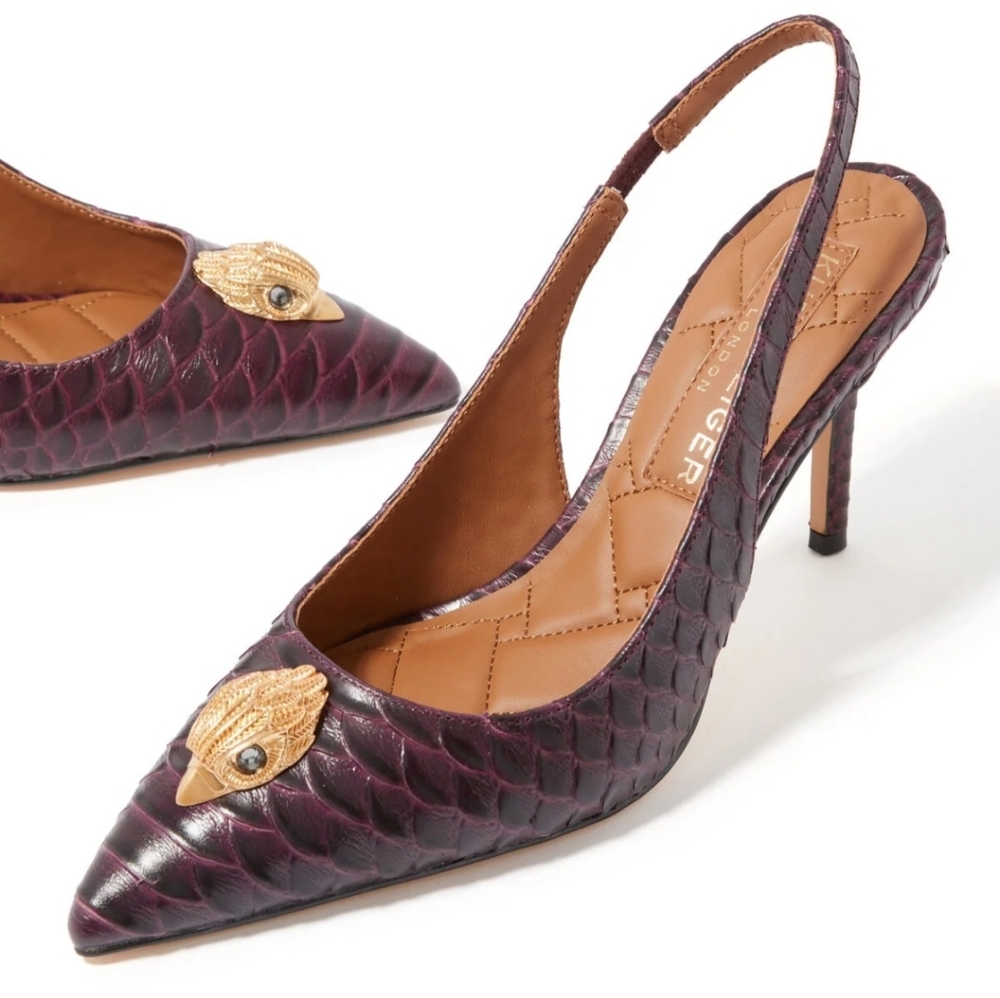 Kurt Geiger London Leather Pointed Slingback Stiletto Heels Wine Gold Eagle 38.5